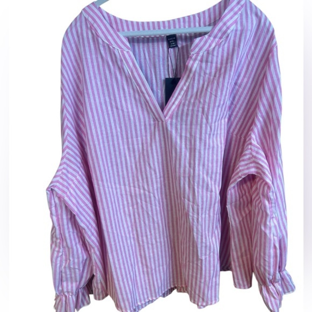 SHEIN NWT Womens Pink White Stripe Long Sleeve Vneck Blouse 4X
